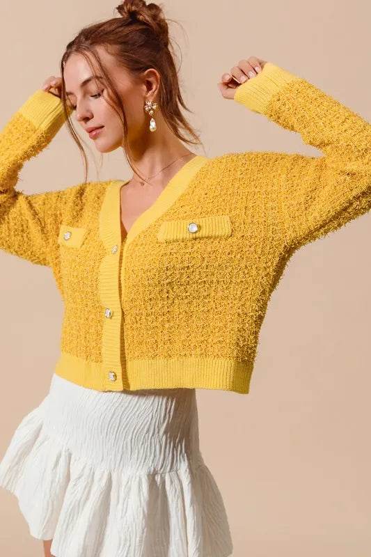 SO ME Frayed Tweed Knit Buttoned Front Cardigan