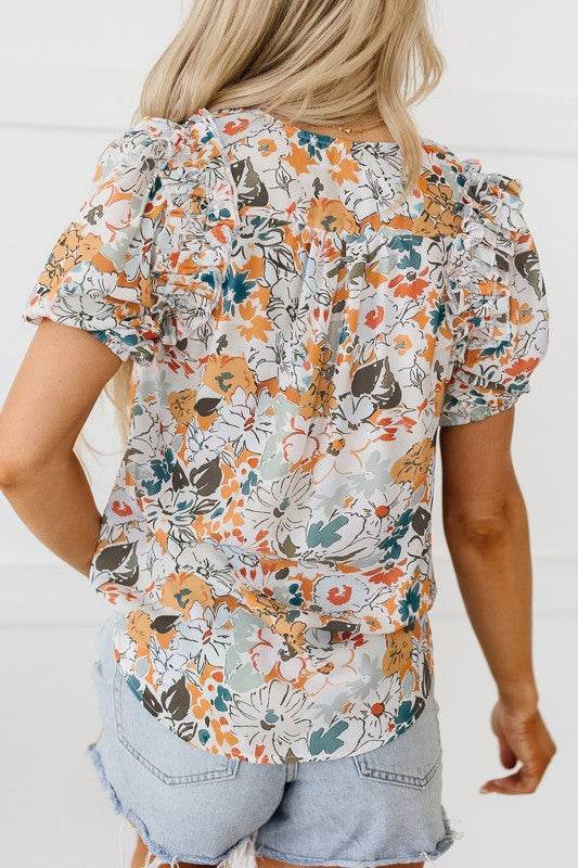 Milena Split V Neck Puff Sleeve Flower Print Blous