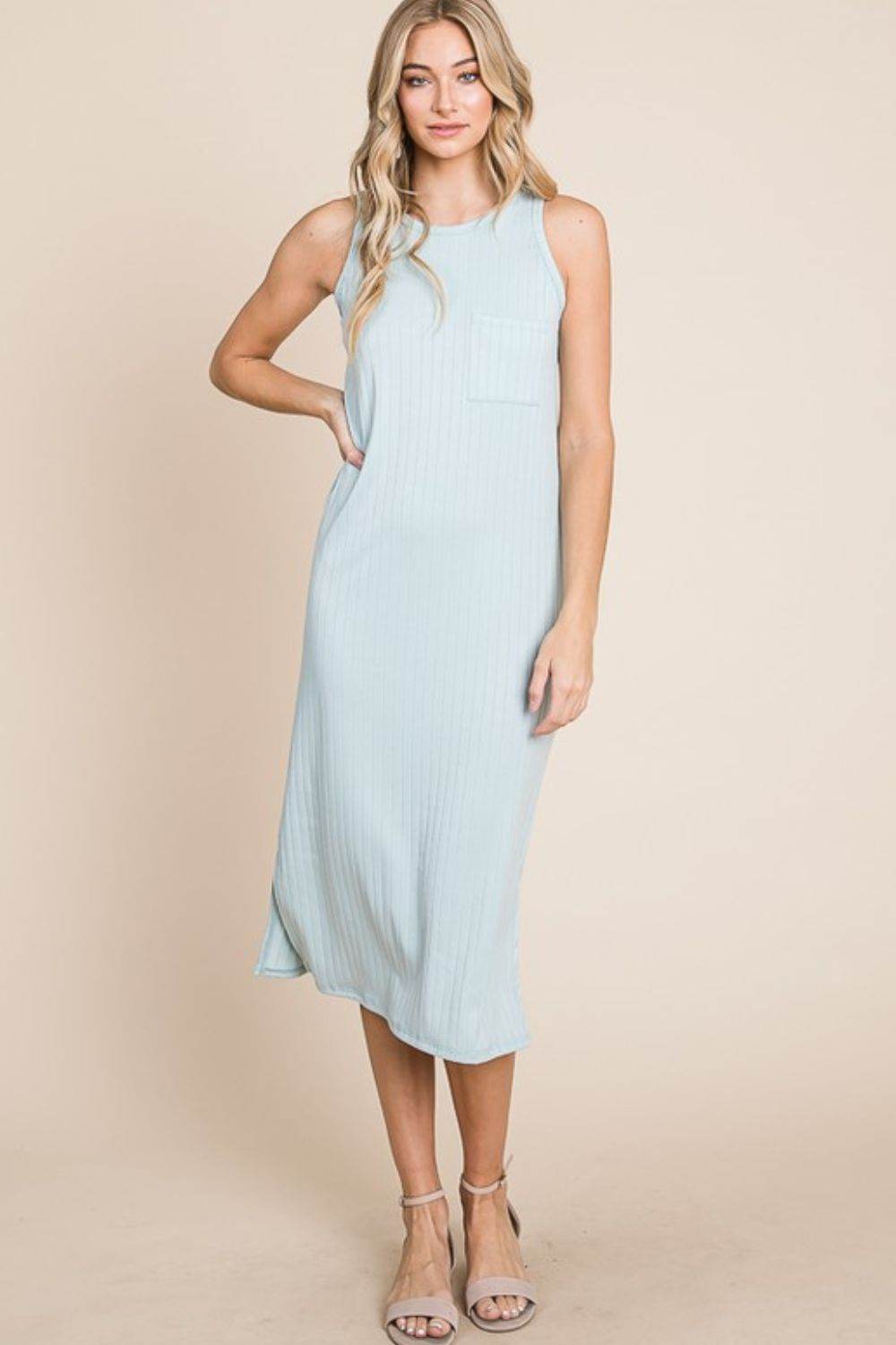 BOMBOM Ribbed Knit Sleeveless Midi Dress