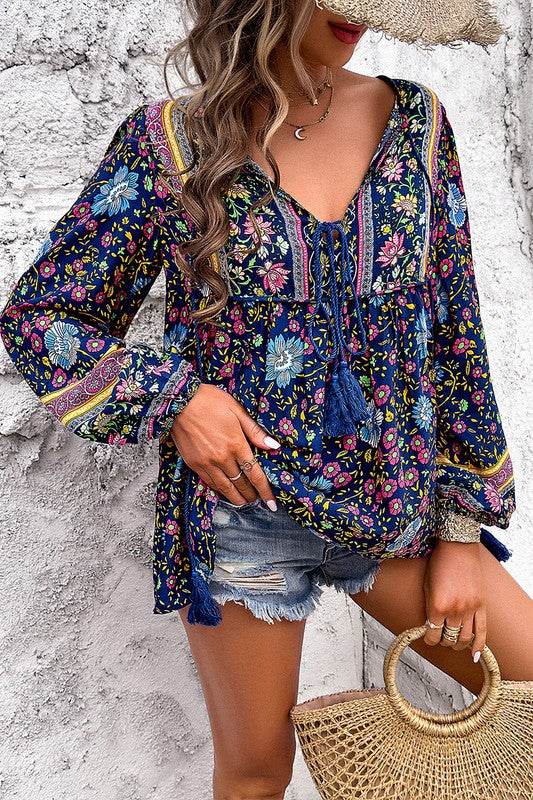 All Over Floral Print Cross Deep V Boho Top