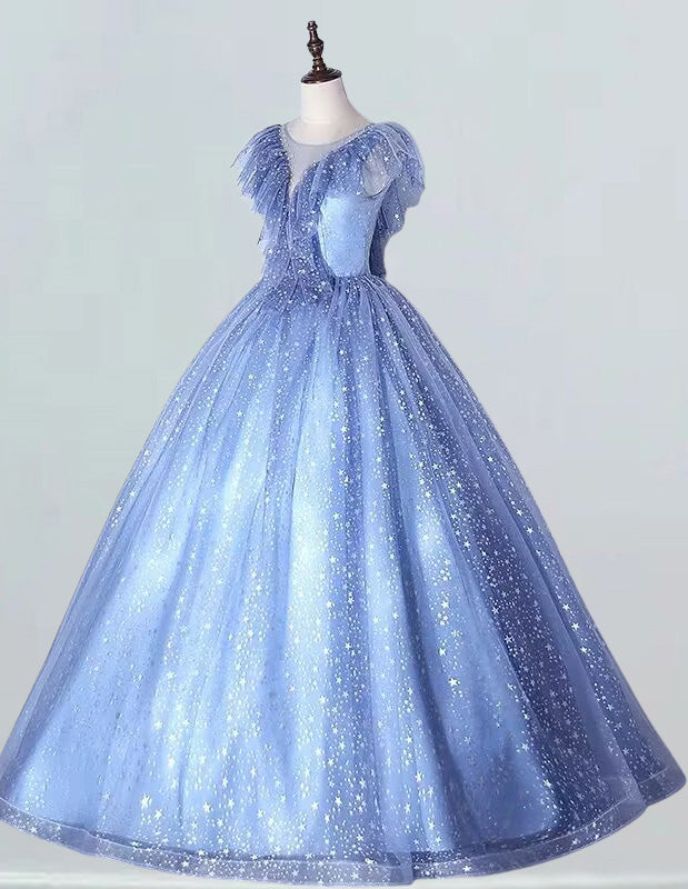 Blue scoop fairy lace long ball gown beaded v neck floor length prom dress