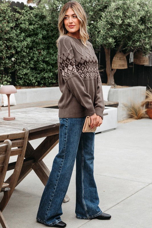 Alana Western Geometric Patterned Crew Neck Knitte