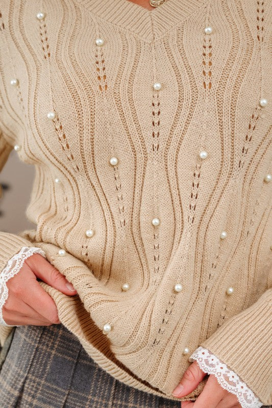 Pearl Beaded Pointelle Knit V-Neck Lace Trim Sweat