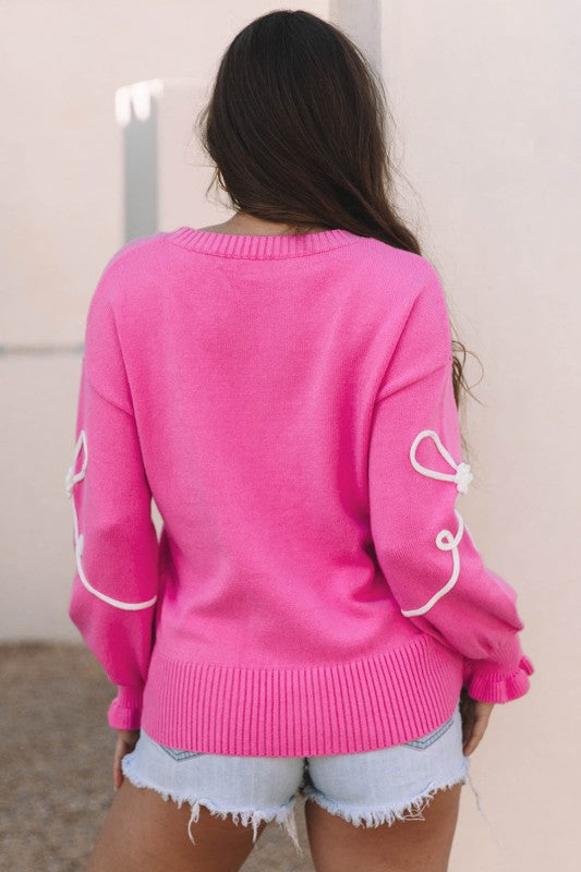 Bow Corded Floral Ribbed Trim Sweater