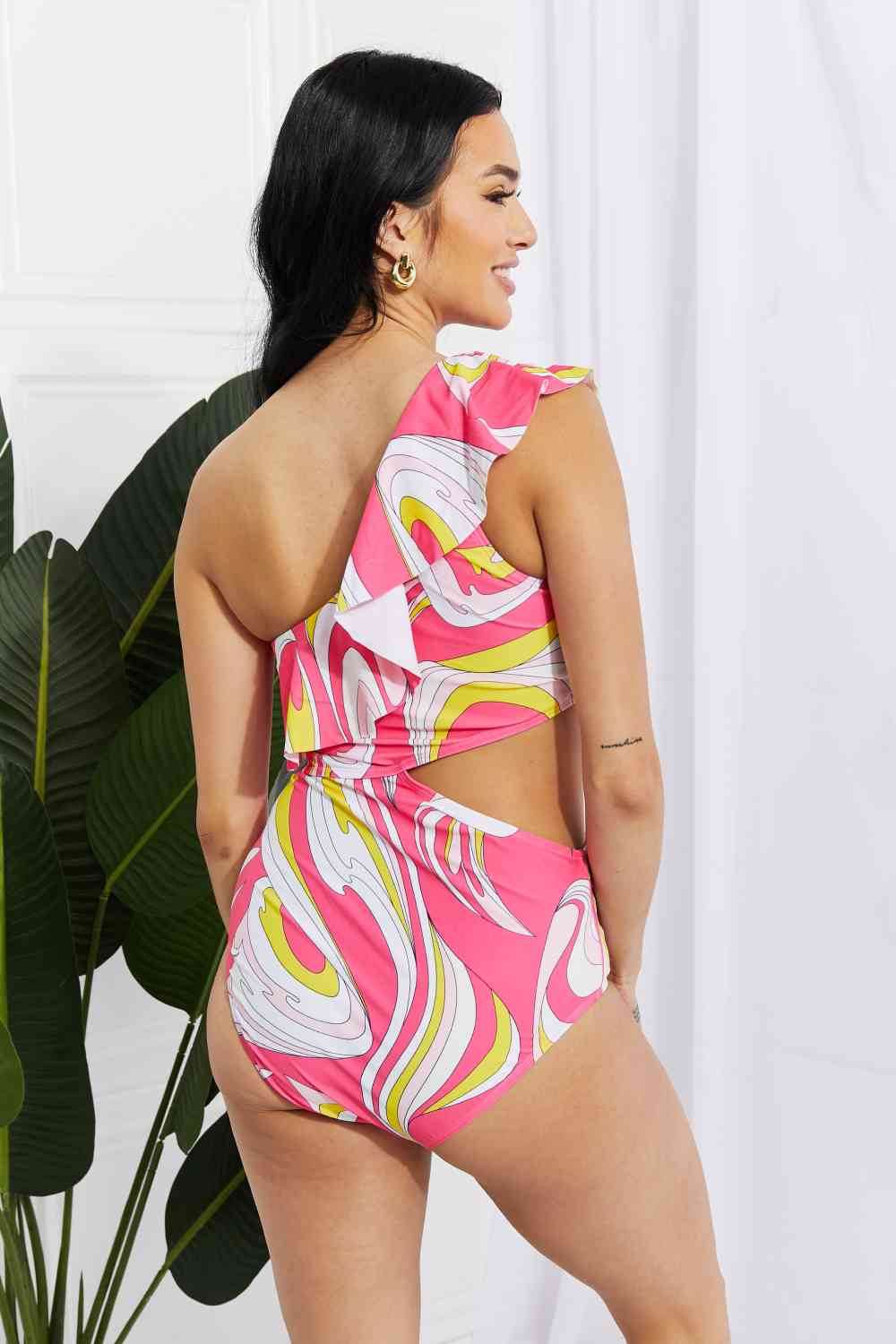 Marina West Pink Cutout Ruffle Swimsuit with Asymmetric Cutout Design