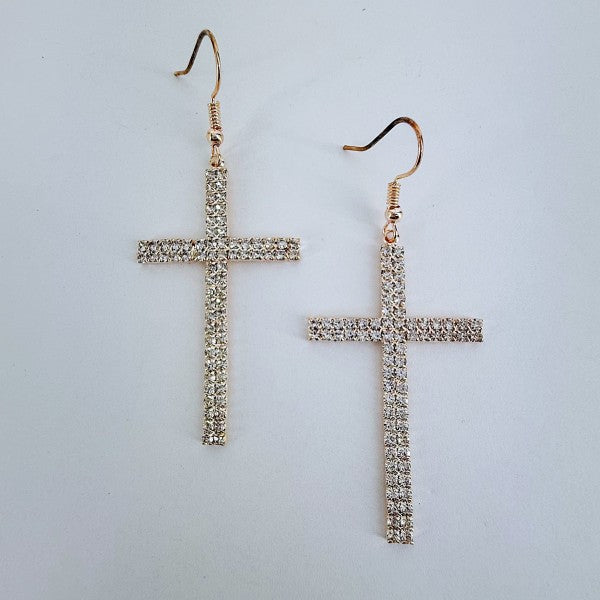 Rhinestone Drop Dangle Cross Earrings