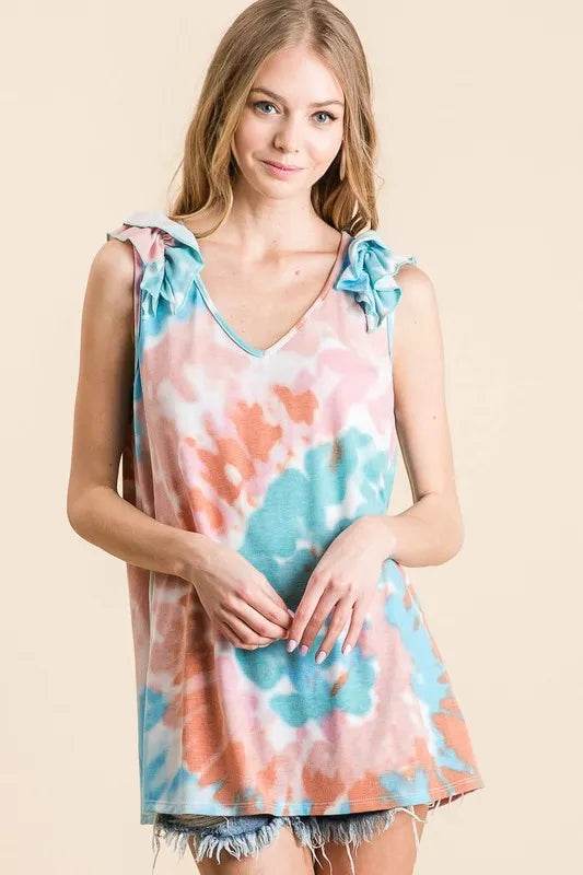 BiBi Circular Tie Dye Knit V Neck Top With Ruffle