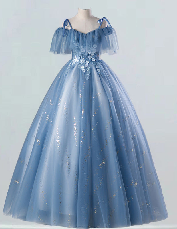 Blue straps sparkle tulle evening party gown fairy long prom dress ball gown