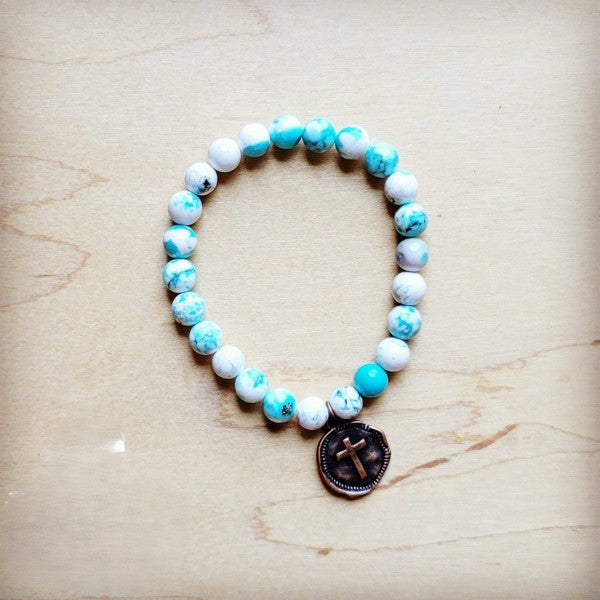 xxTurquoise White Beaded Stretch Bracelet w/Coin