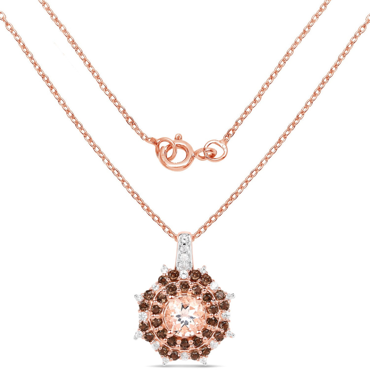 18K Rose Gold Plated 1.61 Carat Genuine Morganite, Smoky Quartz and White Zircon .925 Sterling Silver Pendant