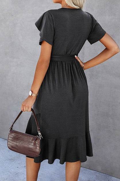 Petal Sleeve Ruffle Trim Wrap Belted Midi Dress