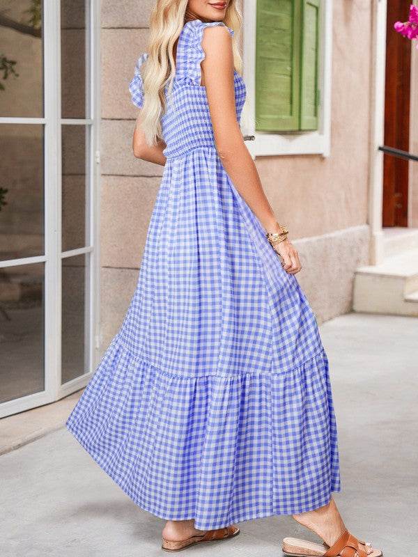 Blue Gingham plaid check maxi dress