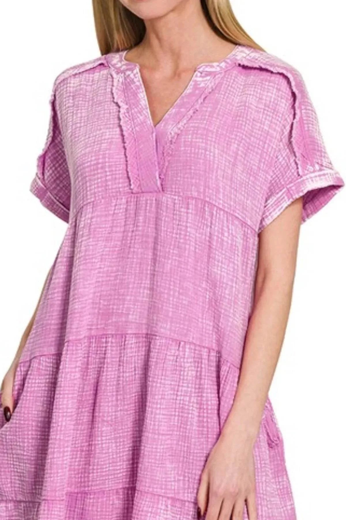 Zenana Washed Double Gauze Raw Edge V-neck Dress