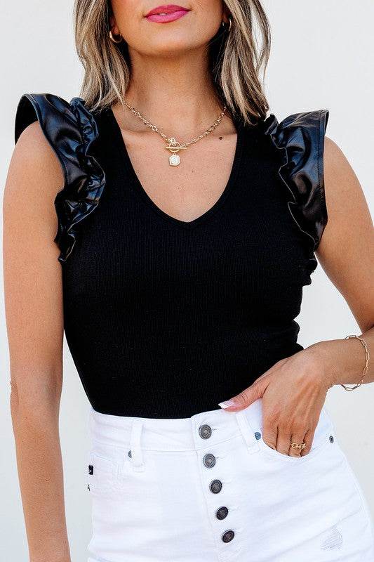 Ruffle Patchwork Ribbed V Neck Bodysuit