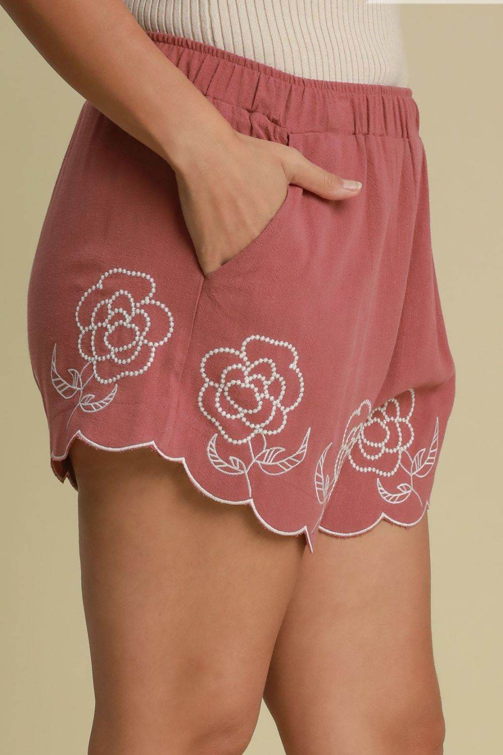 Umgee Full Size Linen Blend Shorts with Floral Embroidered Details Plus Size