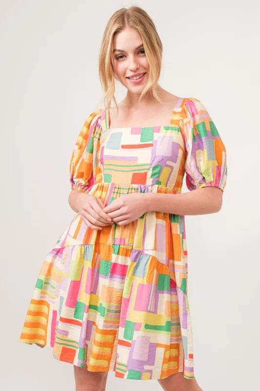 And The Why Square Neck Puff Sleeve Geo Printed Mini Dress