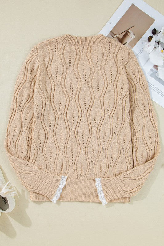 Pearl Beaded Pointelle Knit V-Neck Lace Trim Sweat