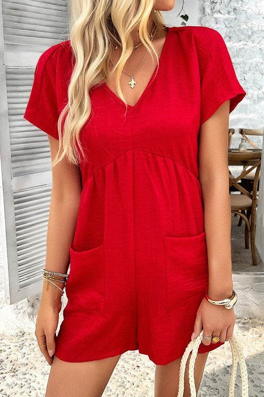 Solid Deep V Neck Drop Shoulder Loose Pockets Romp