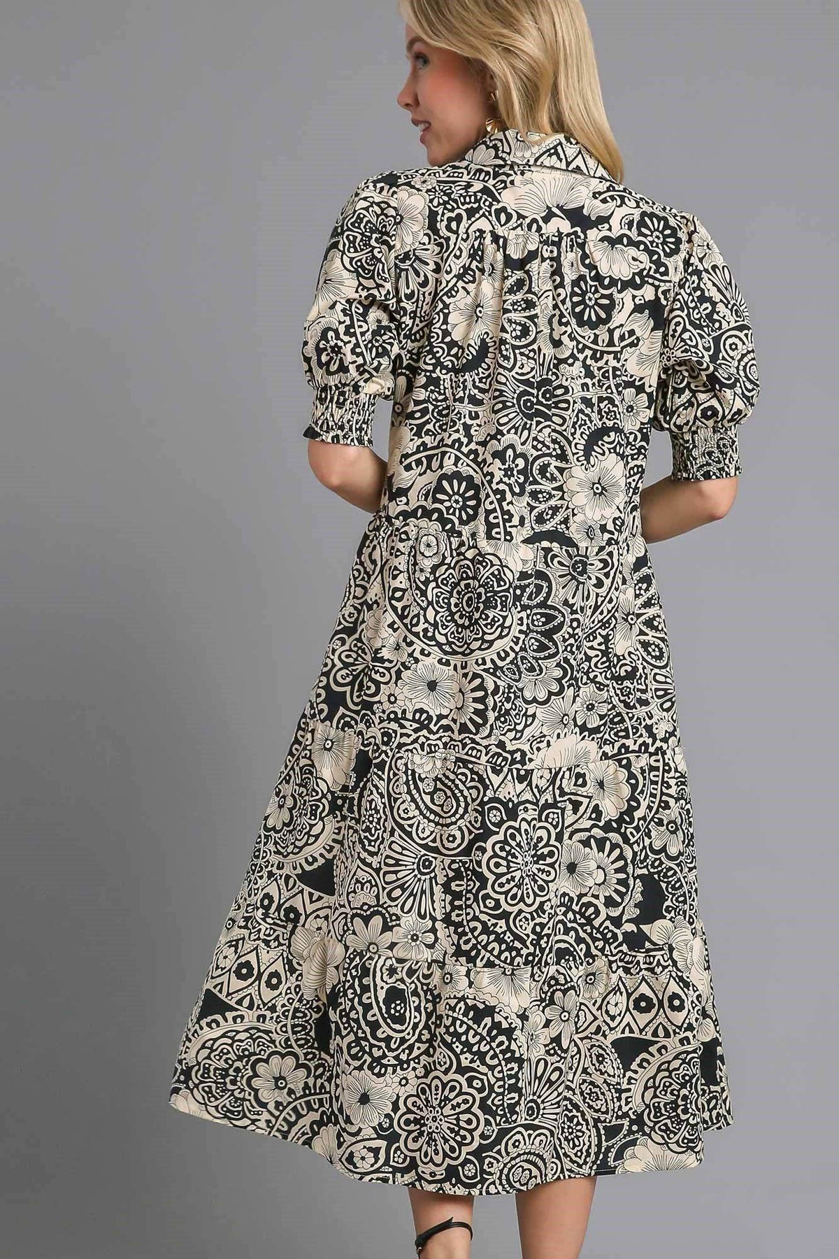 Umgee Full Size Printed Smocked Cuff Puff Sleeve Midi Dress Plus Size