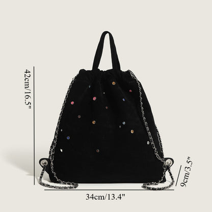 Women's bag matte suede backpack purse, splicing colored gemstone chain backpack, drawstring portable backpack