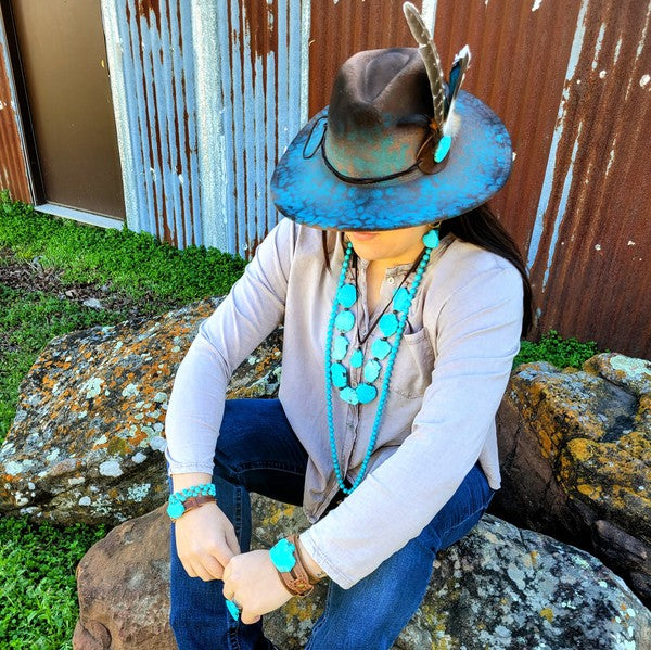 Blue Turquoise Slab on Narrow Leather Cuff