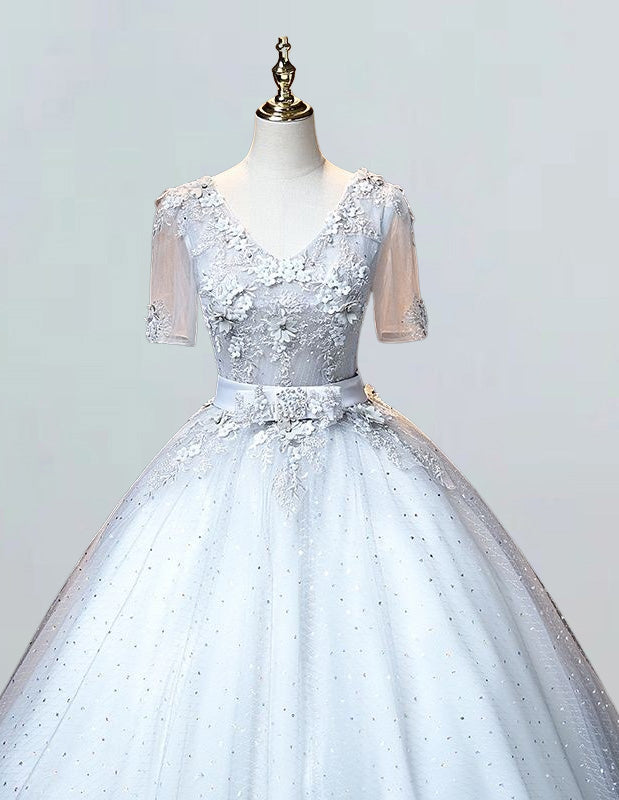 Short Sleeve Sliver Ball Gown V Neck Princess Prom Dress Applique Flower Lace Evening Dress A line Formal Party Gown