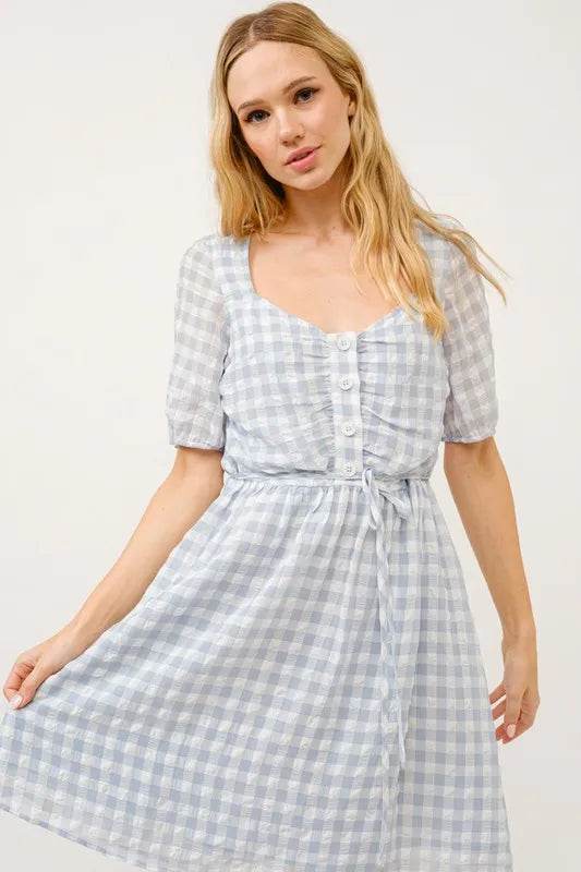 And The Why Puff Sleeve Ruched Button Front Gingham Dress