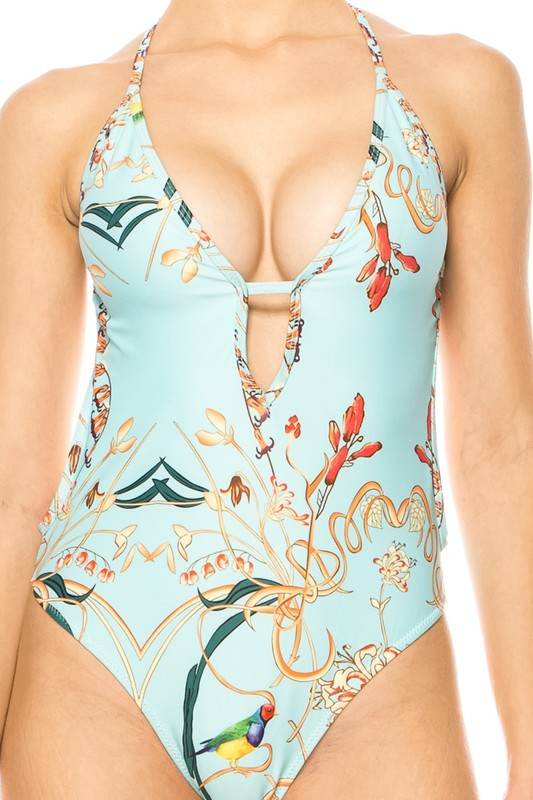 ONE PIECE BATHING SUIT FLORAL PRINT DEEP CUT FRONT