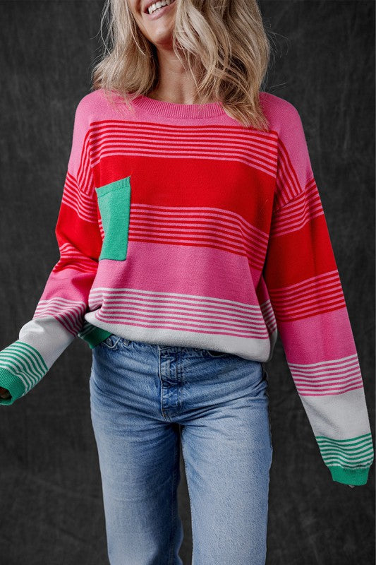 Striped Knit Patch Pocket Drop Shoulder Sweater