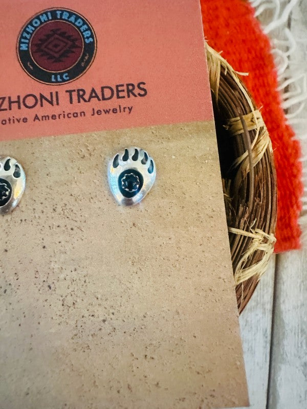 Navajo Onyx & Sterling Silver Bear Paw Stud Earrin