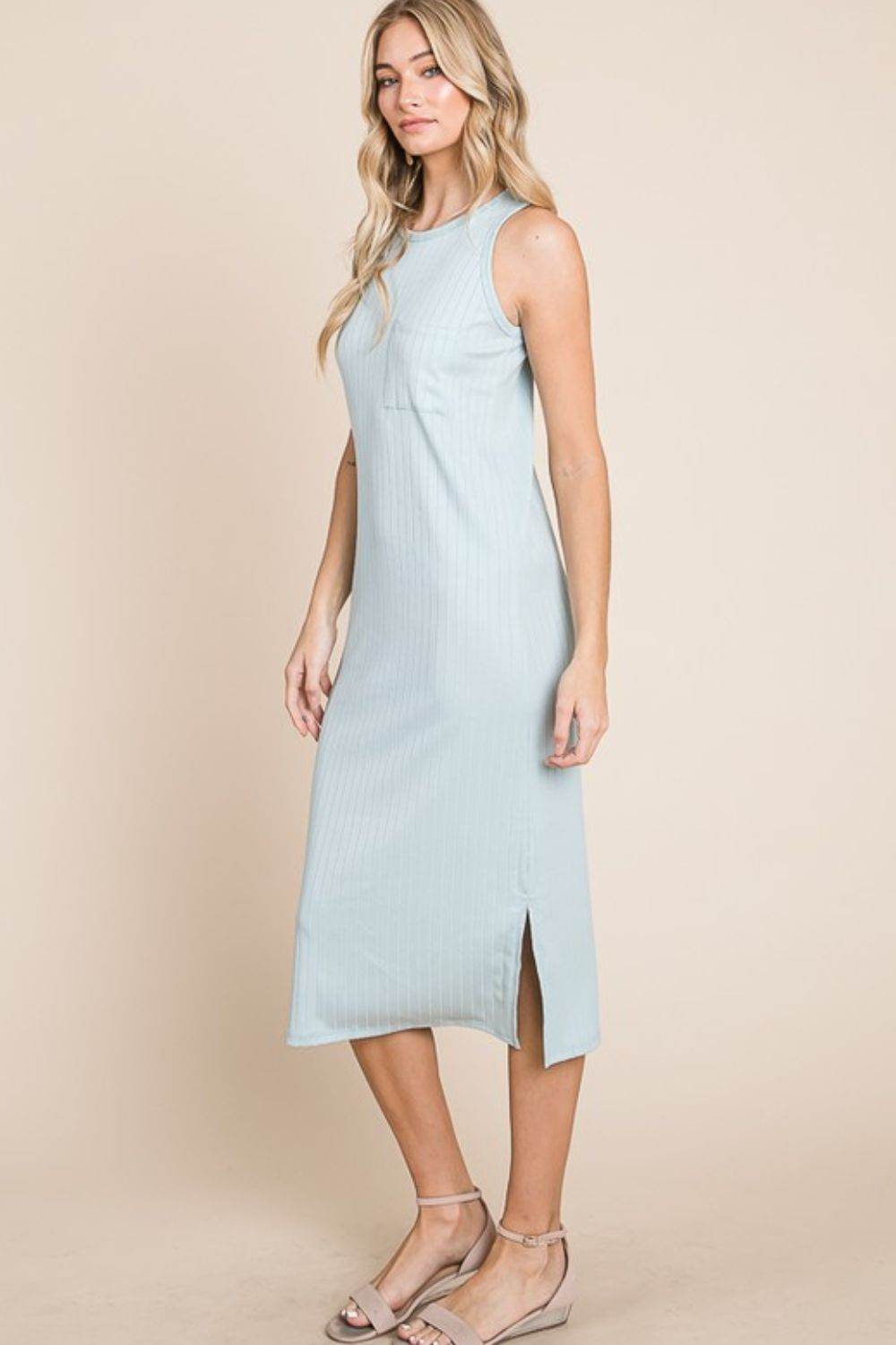 BOMBOM Ribbed Knit Sleeveless Midi Dress