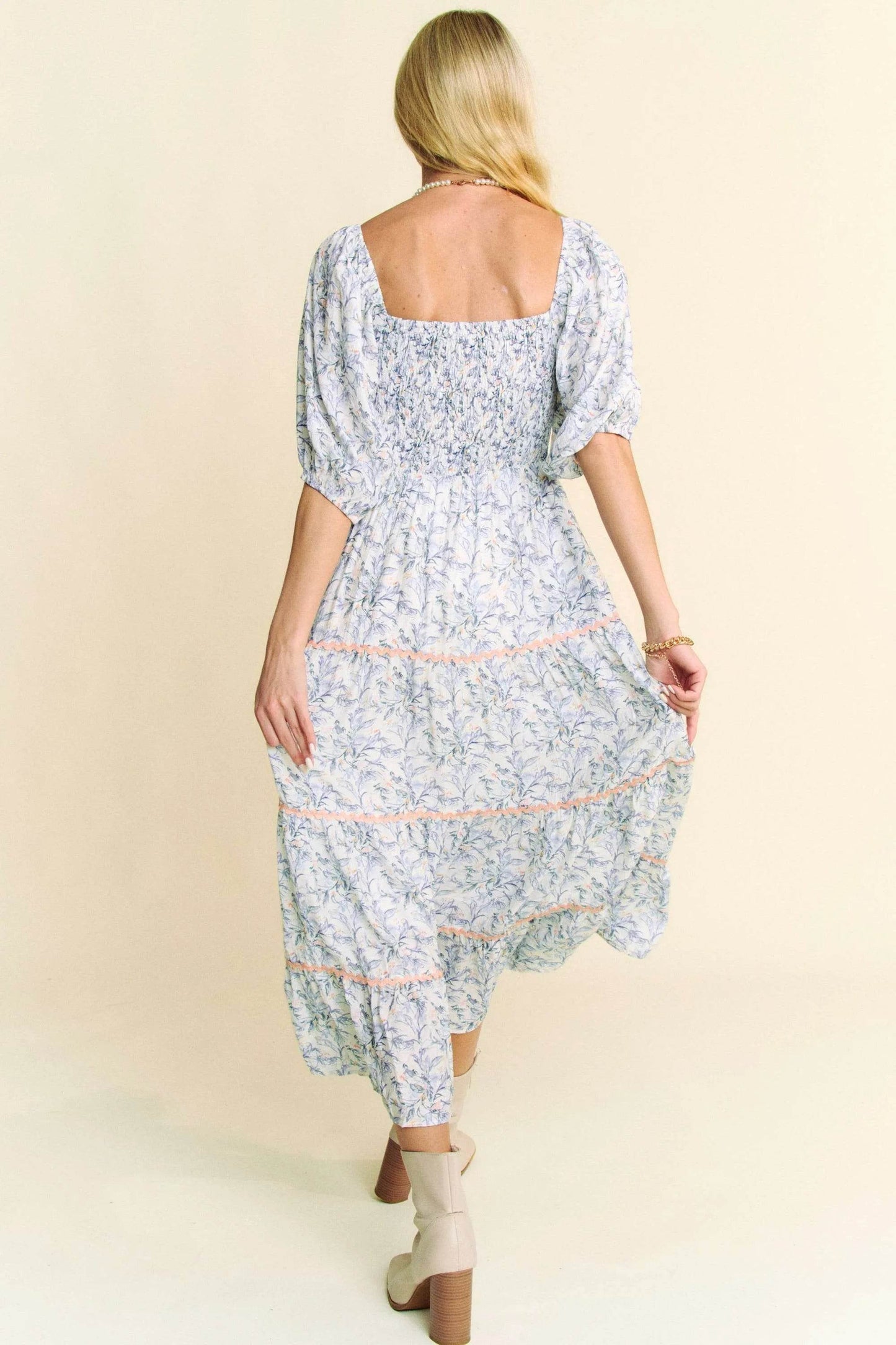 Davi & Dani Contrast Ric Smocking Bodice Tiered Midi Dress