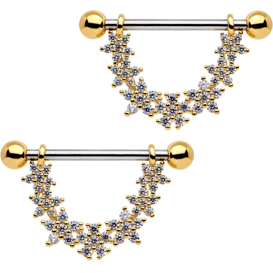 9/16 Clear CZ Gem Gold Tone Daisy Flower Chain Dangle Nipple Ring Set