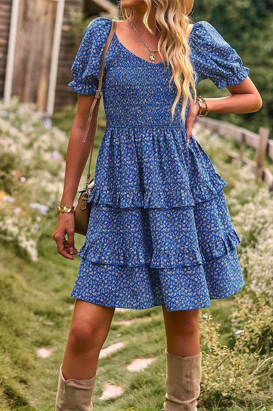 Floral Print Off Shoulder Flounce Sleeve Ruffle He