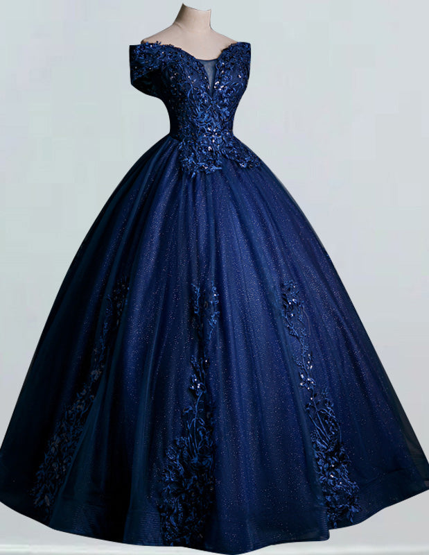 Dark navy off the shoulder lace applique beading sequin ball gown prom dress plus size women party gown