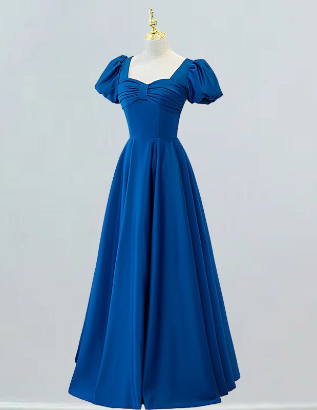 Women's Elegant Blue Satin Prom Gown | Square Neckline, Evening Dress