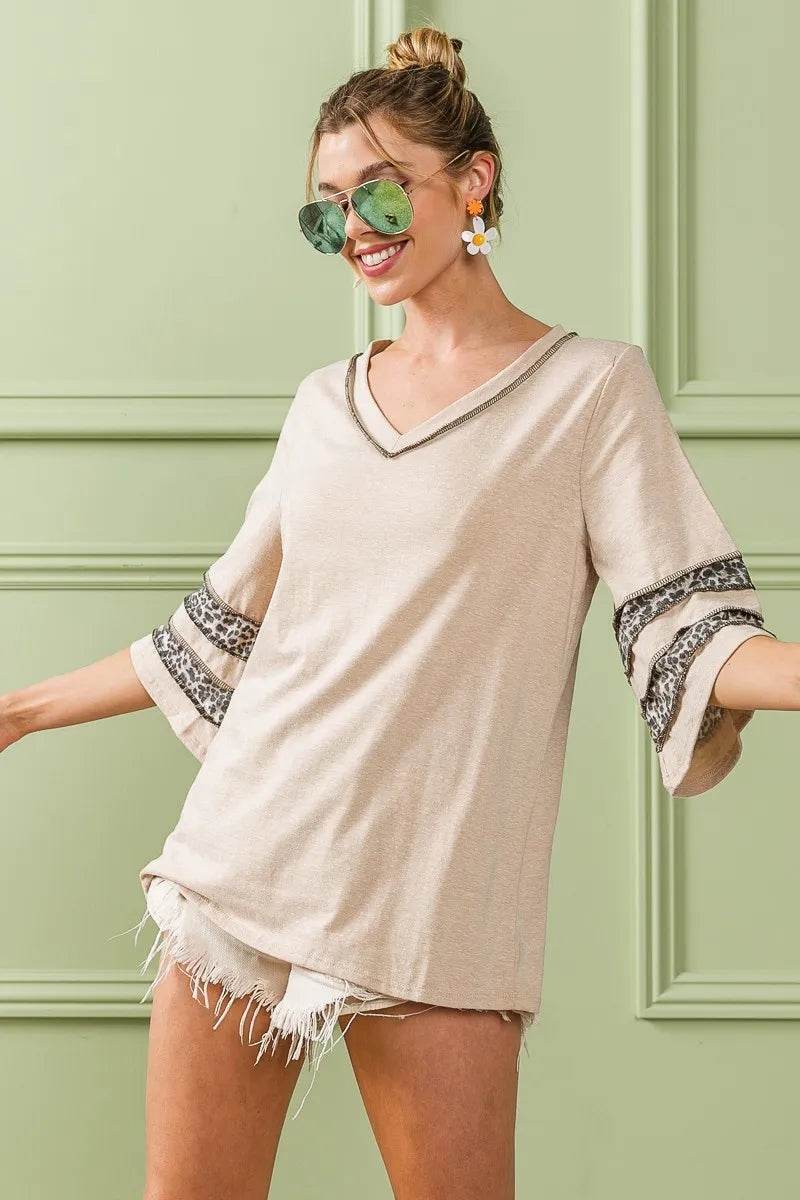 BiBi Triblend Knit Top with Leopard Band Detail