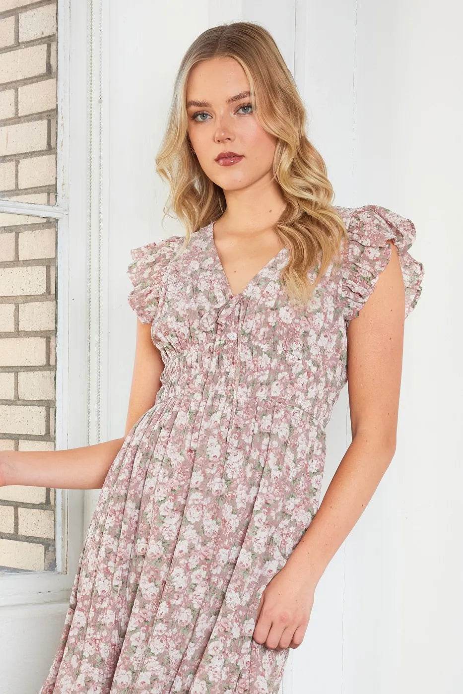 Mittoshop Flower Print Ruffle Cap Sleeve V-neck Midi Dress