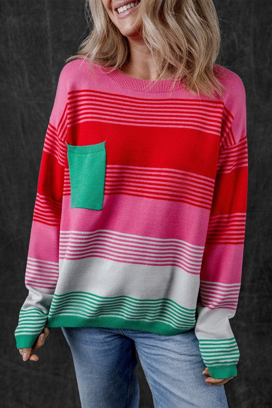 Striped Knit Patch Pocket Drop Shoulder Sweater