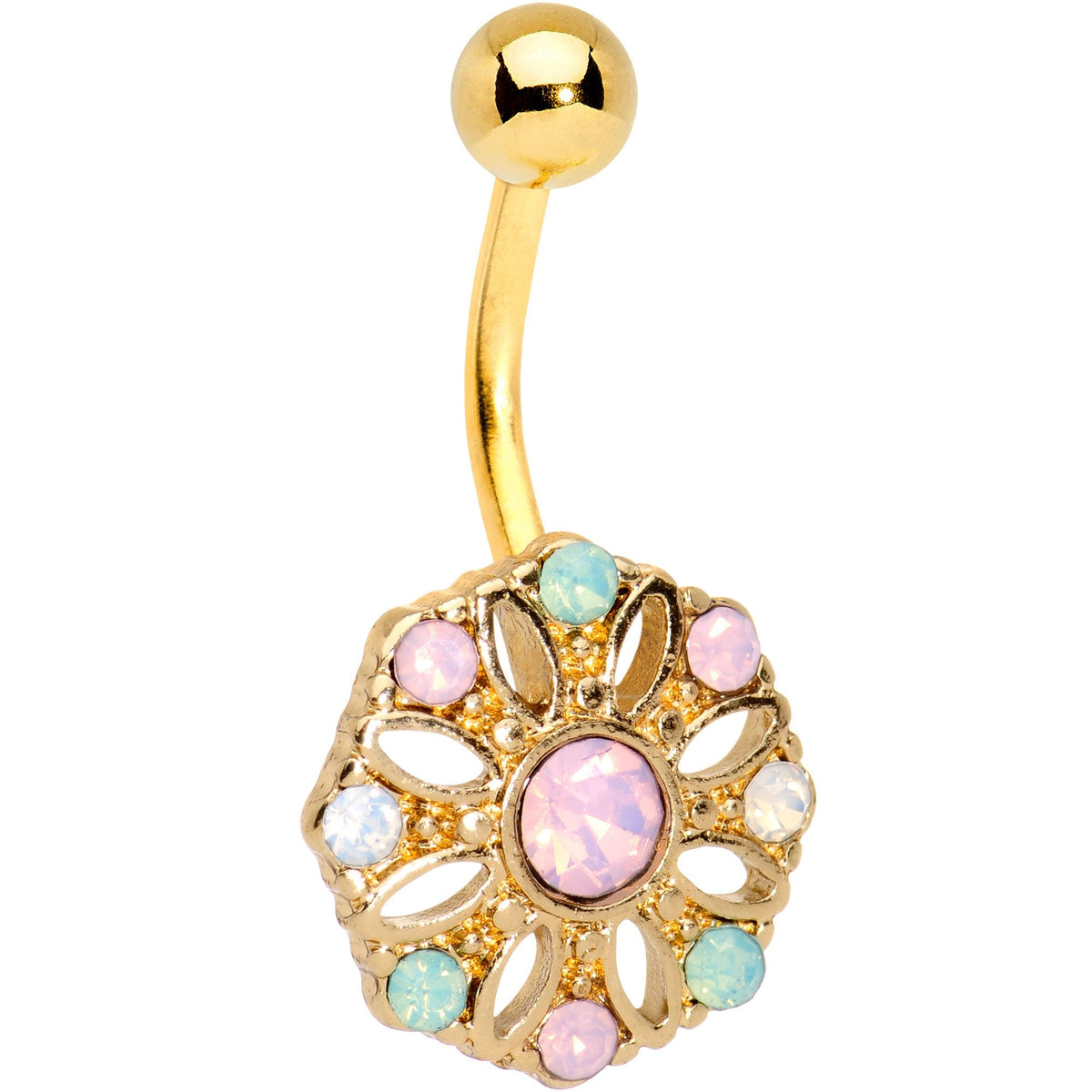 Pink Gem Gold Tone Anodized Rounded Flower Belly Ring