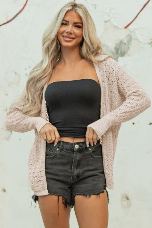 Solid Hollow Knit Open-Front Cardigan