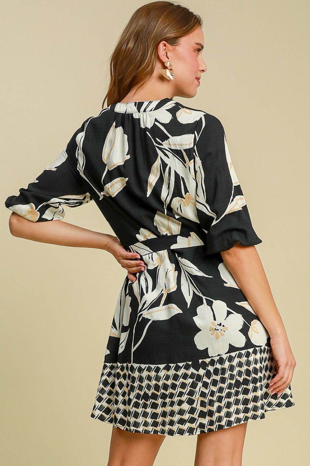 Umgee Full Size Floral Print Notched Tie Waist Mini Dress Plus Size