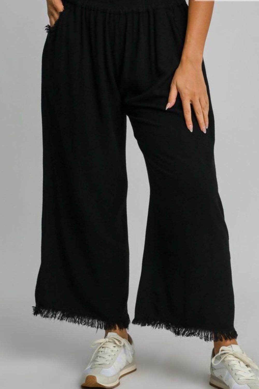 Umgee Full Size Linen Blend Elastic Waistband Wide Leg Pants Plus Size