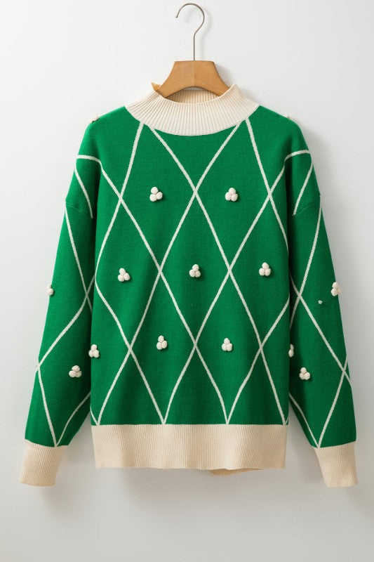 Christmas Geometric Diamond Pom Long Sleeve Sweate