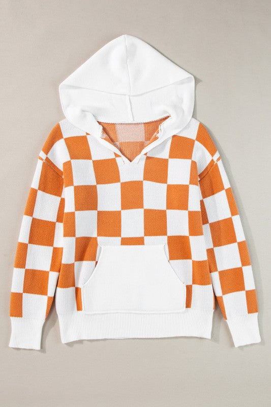 Lila Checkered Kangaroo Pocket Hooded Sweater