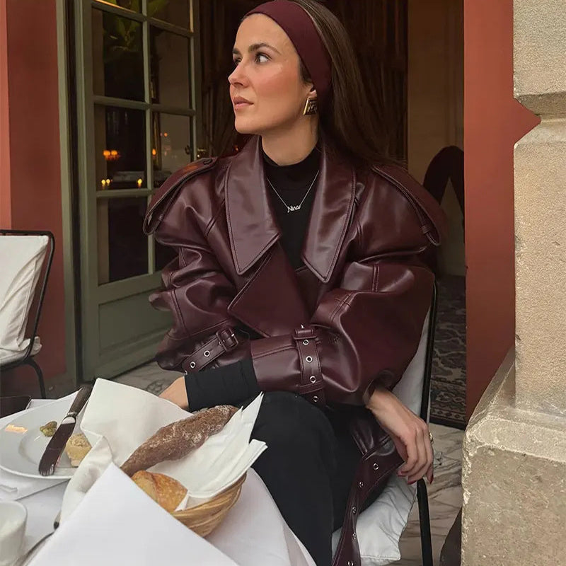 Loose Lapel Leather Jacket Fashion Cropped Tops Streetwear