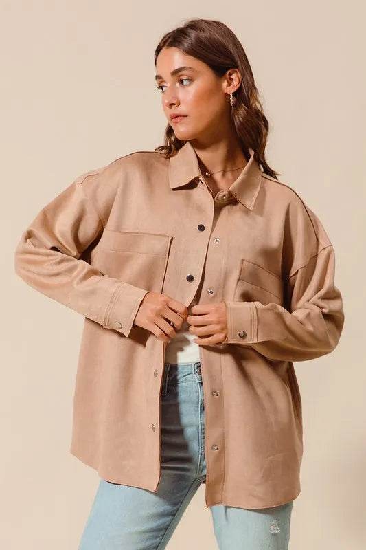 SO ME Faux Sued Snap Shacket with Collar and Pockets