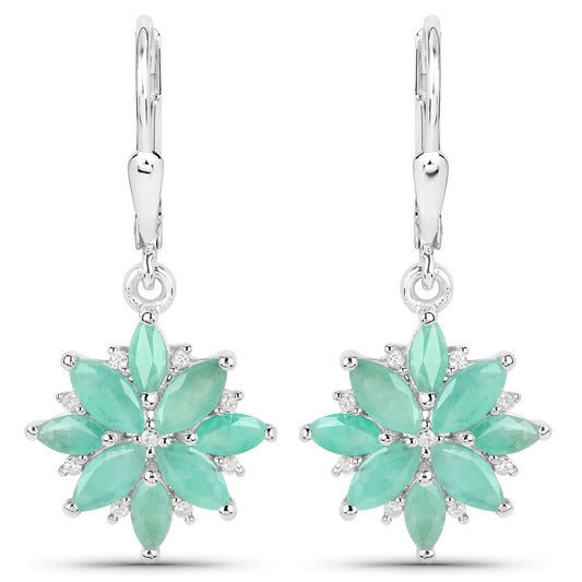 2.92 Carat Genuine Emerald and White Diamond .925 Sterling Silver Earrings