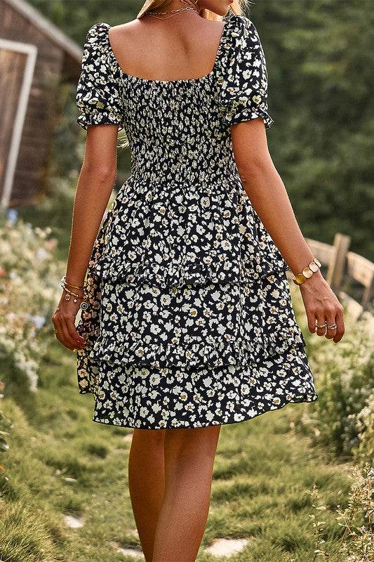 Floral Print Off Shoulder Flounce Sleeve Ruffle He