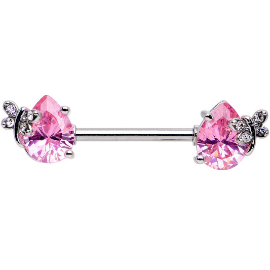 9/16 Pink CZ Gem Mini Butterfly Barbell Nipple Ring Set
